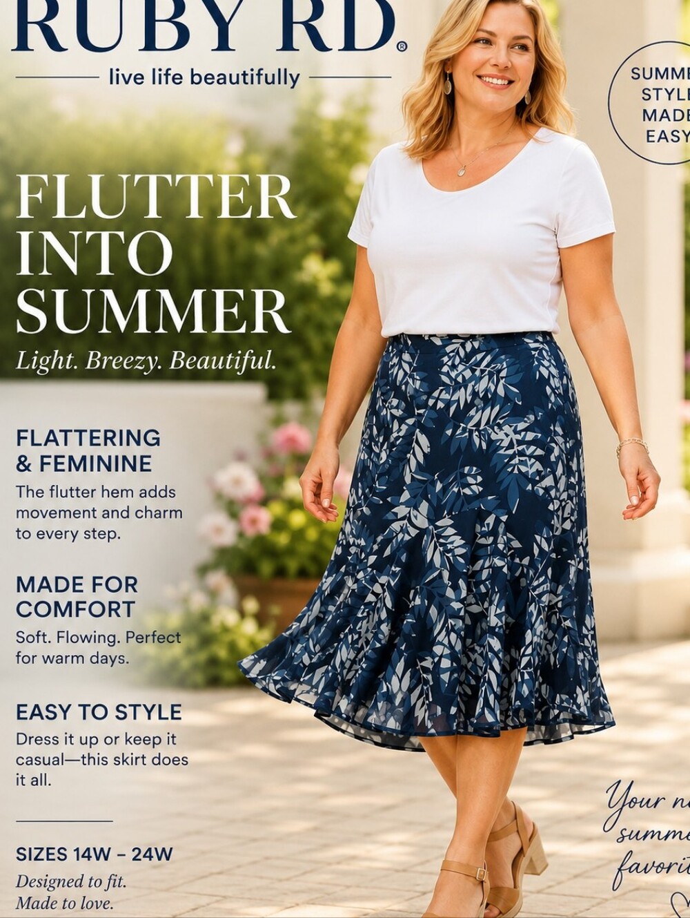 RUBY RD. Navy Blue Leaf Print Flowy Lined Lightweight Skirt Sz 18  Like New